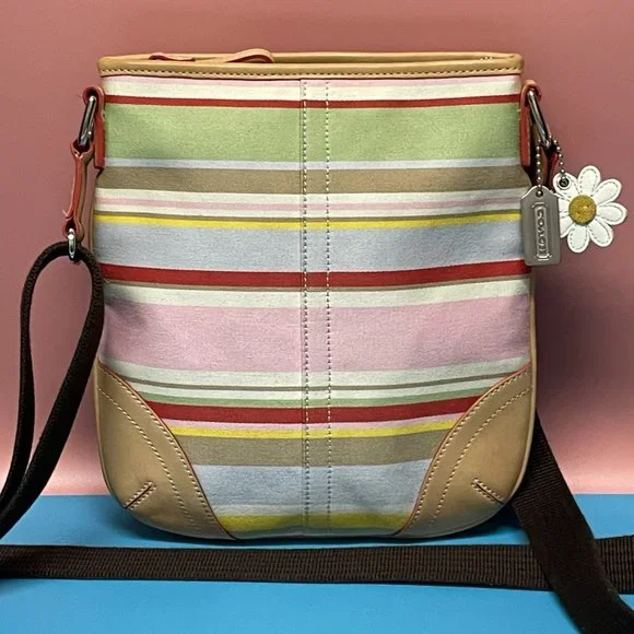 COACH Crossbody Multicolor Canvas Brown Leather Striped Daisy *EUC* SO PRETTY!! - Picture 2 of 11